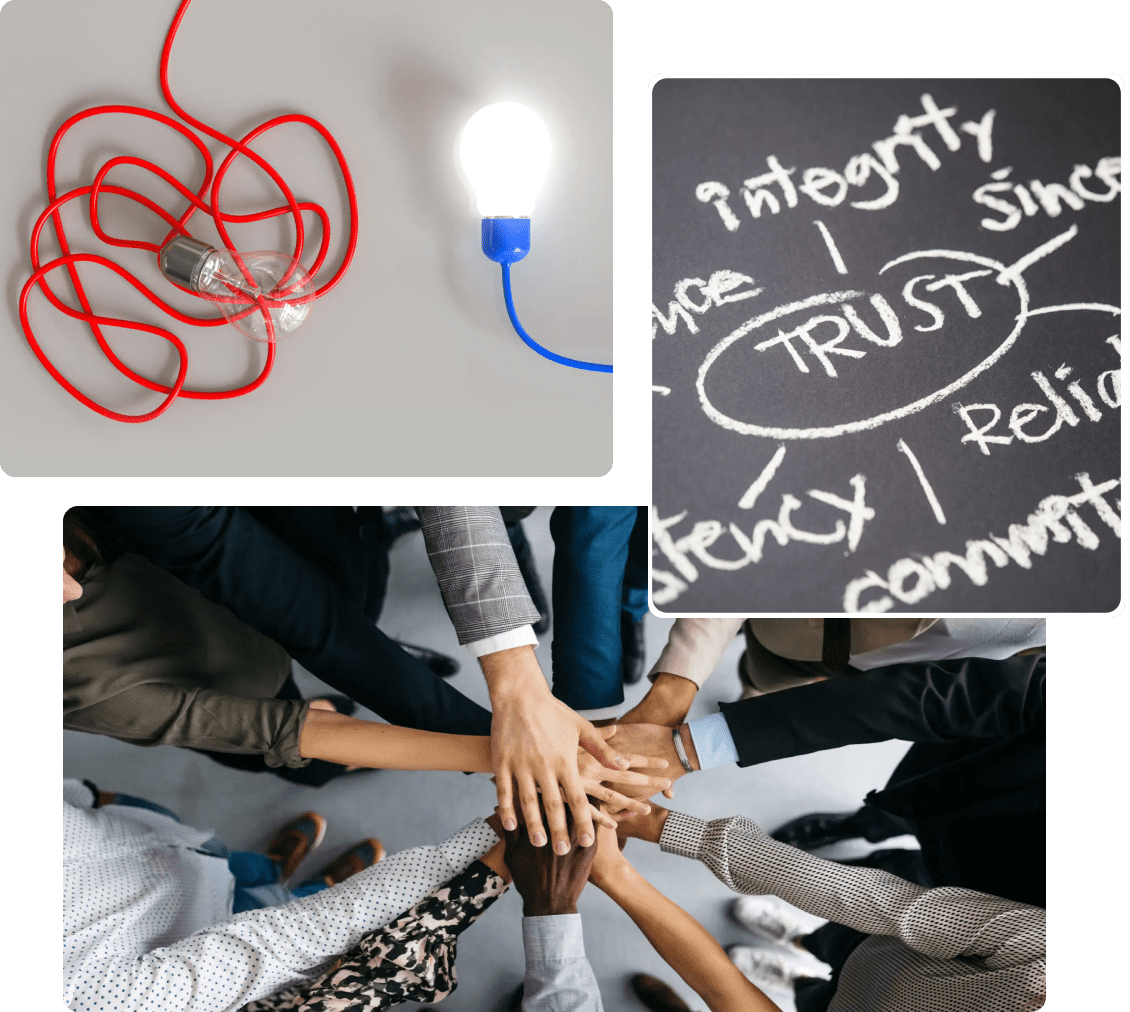 Various images representing trust, connection, and teamwork.