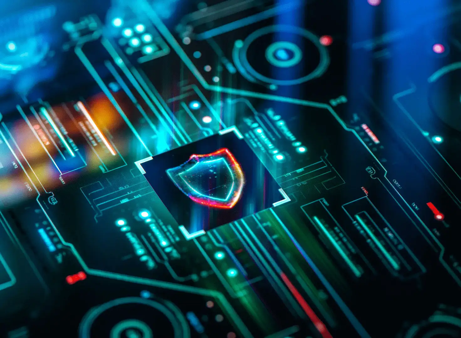 A vibrant digital shield icon representing cybersecurity on a futuristic circuit board.